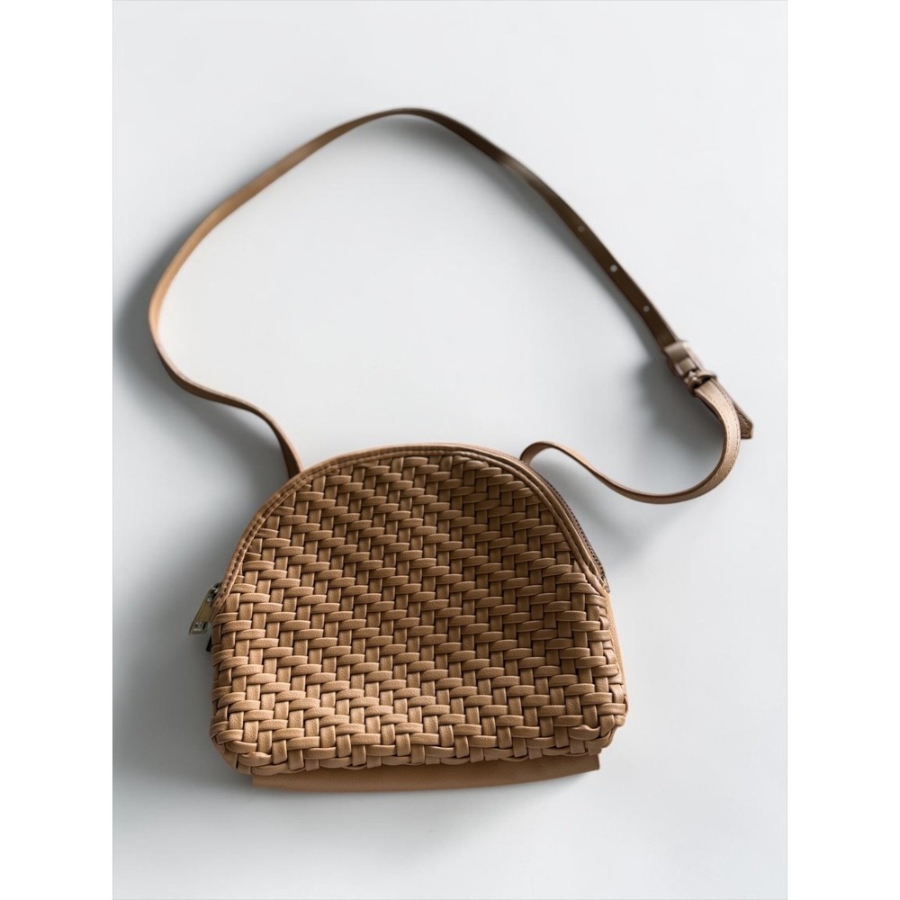 Anthropologie Woven Crossbody Bag Tan Camel Faux Leather Dome Multi-Pocket